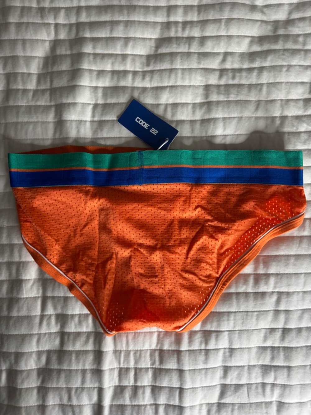 CODE 22 Men's Orange Performance Briefs with Teal & Blue Waistband - Picture 2 of 5